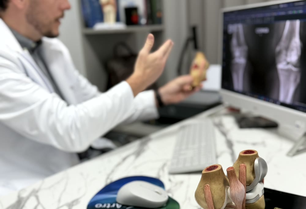 Radiografia do joelho e modelo com prótese na mesa do Dr. Rúbio Arruda